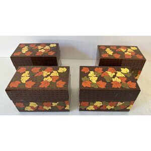 4 1970s brown metal recipe card holder box FULL orange green leaves cooking VTG